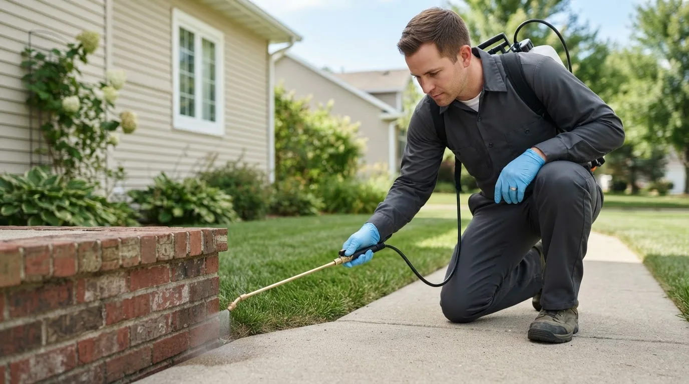 Pest control technician treating a home near Caspian, MI