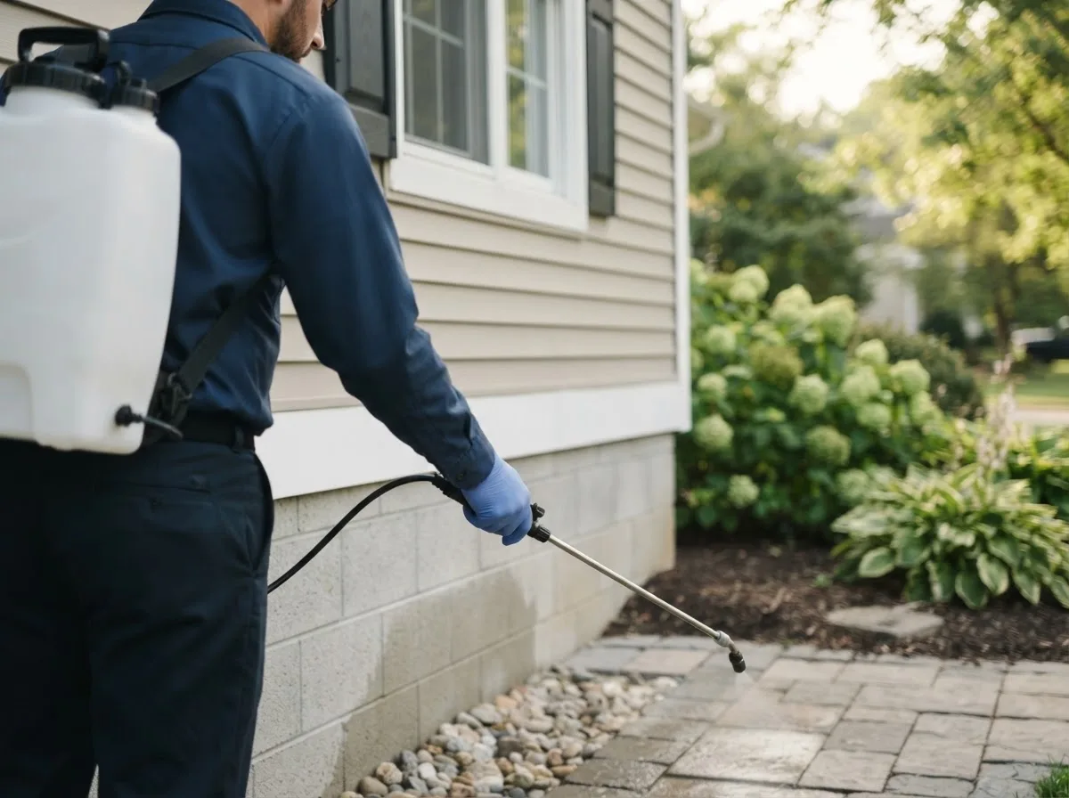 Pest control technician inspecting a home in Caspian, MI